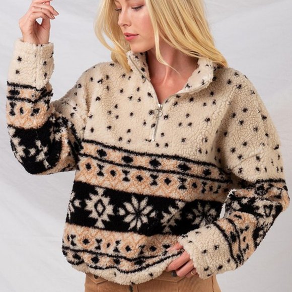 NEW Cream Aztec Sherpa Half Zip Pullover Sweater - Picture 6 of 10